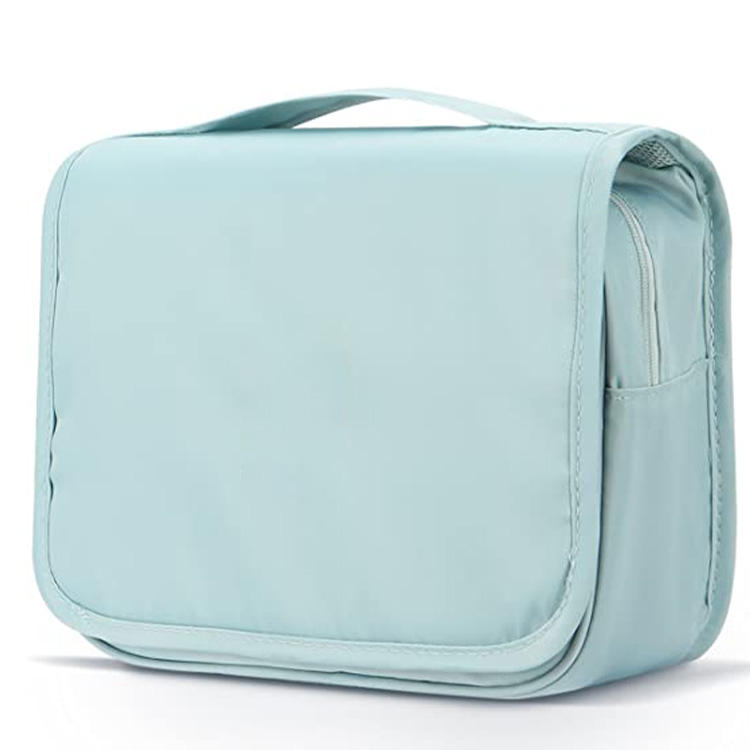 Portable Large Cosmetic Bag Made of Polyester Fabric, Blue, Hanging Cosmetic Bag for Travel, Holographic Makeup Bag Box for Adults
