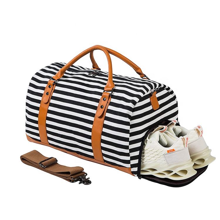 Weekend Bag, Women's Travel Striped Canvas & Leather Quilted Overnight Bag, Weekend Tote Bag with Custom Printed Logo