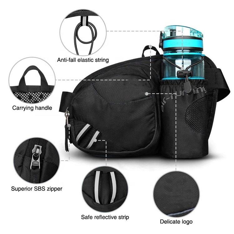 Black Waterproof Hiking and Running Waist Fanny Pack, Waist Bag with Water Bottle Holder