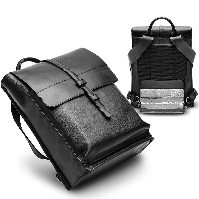 Korean Famous Brand 25L Black Schoolbag, PU Leather Double-shoulder Bag with Cool Compartment
